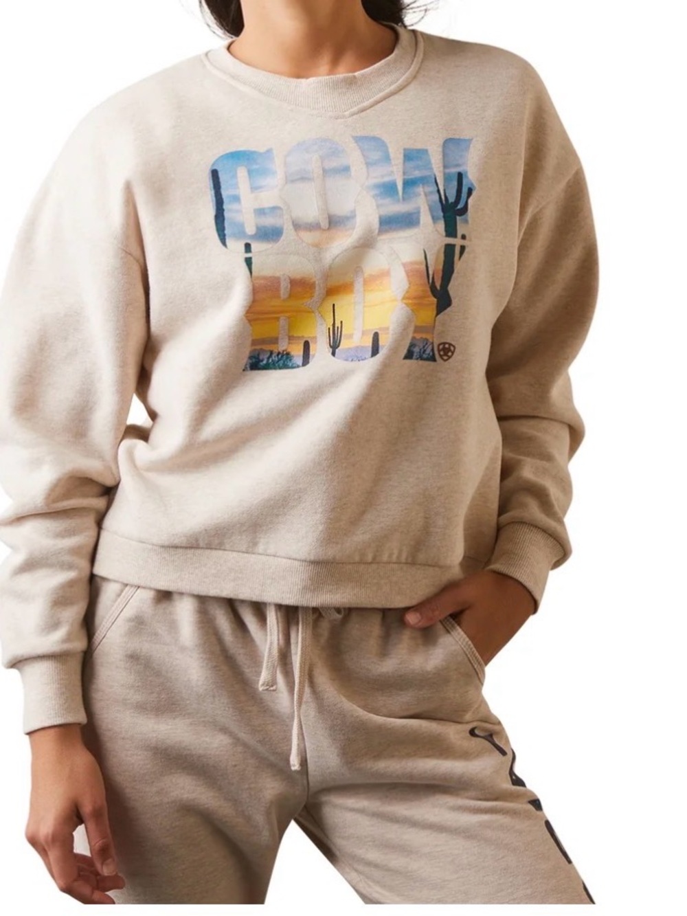 Ariat Beige Crewneck Sweatshirt 'COWBOY' Graphic Crossover Back Women’s Medium